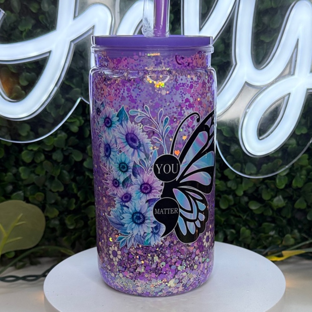 Purple Glitter 16oz Snow Globe Tumbler with Butterfly Design